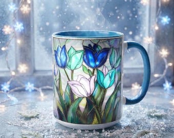 stained glass mug, tulip coffee cup, floral tea mug, winter time mug, wintertime art decor hombe mug