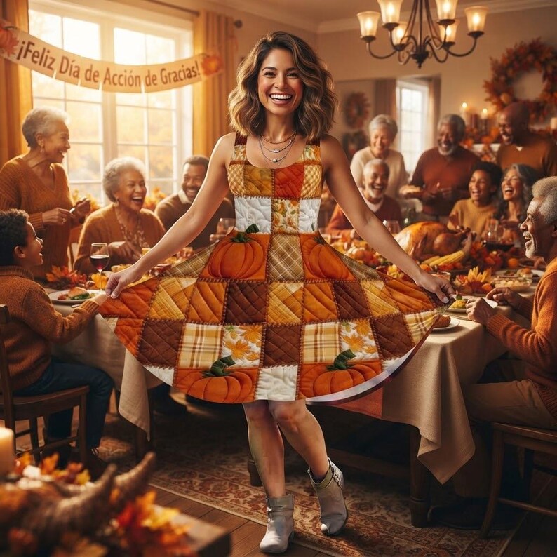 May include: A sleeveless A-line dress featuring a quilted patchwork pattern of orange pumpkins, autumn leaves, and plaid squares in shades of brown, yellow, and cream. The dress has a fitted bodice and a flared skirt that reaches above the knees.
