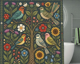 Shower Curtain birds, flowers shower curtain, botanical green bath, bird floral curtain, nature green decor, garden bird shower watercolor