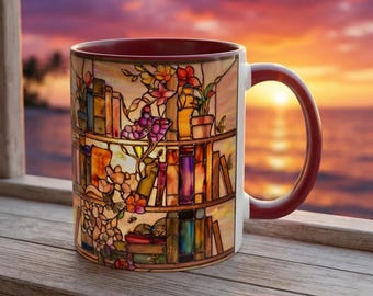 Stained Glass Bookshelf Accent Coffee Mug,Floral Bookshelf Coffee Mug: Bookish Stained Glass Style Ceramic Mug Book Lover gift