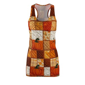 Patchwork Pumpkin Pattern Racerback Dress, Fall Autumn Plaid Quilt Design, patchwork fall dress, casual fall dress image 2