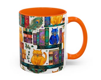 Stained Glass Look Cat Mug, Book Lover Ceramic Coffee Cup Bookish Cat Mom gift