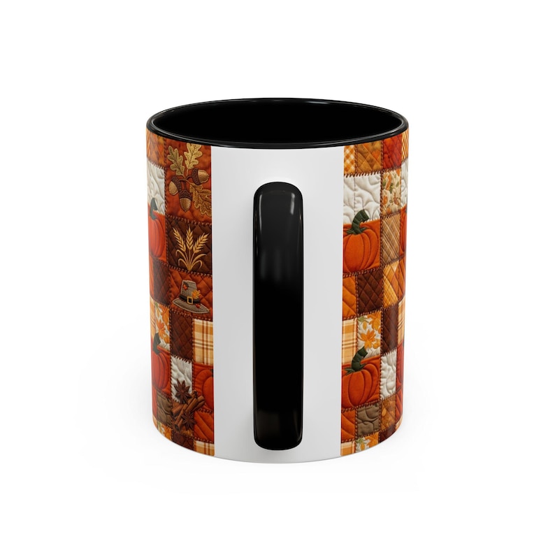 Pumpkin Patch Patchwork Mug, Accent Coffee Mug, Autumn Pumpkin Mug: Rustic Faux Patchwork Thanksgiving Coffee Cup afbeelding 3