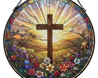 Stained Glass Suncatcher Window Hanging,Stained Glass Cross And Wildflowers Suncatcher Christian Glass Window Hanging Flower Cross Religious