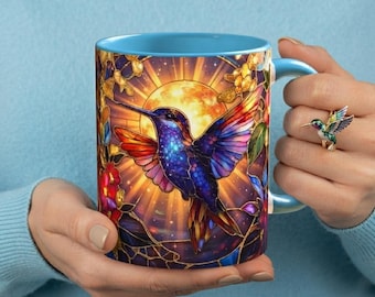 Bird Stained Glass Style Hummingbird Mug, hummingbird blue style mug, Bohemian Floral birds Coffee Cup