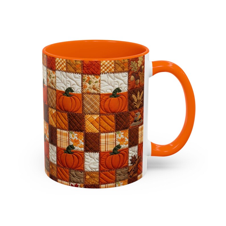 Pumpkin Patch Patchwork Mug, Accent Coffee Mug, Autumn Pumpkin Mug: Rustic Faux Patchwork Thanksgiving Coffee Cup afbeelding 2