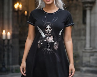 Vintage Bunny Horror T-Shirt Dress - Gothic Occult Wicca Aesthetic - Dark Witchcraft Ritual Apparel - Creepy Cute Black Metal Outfit