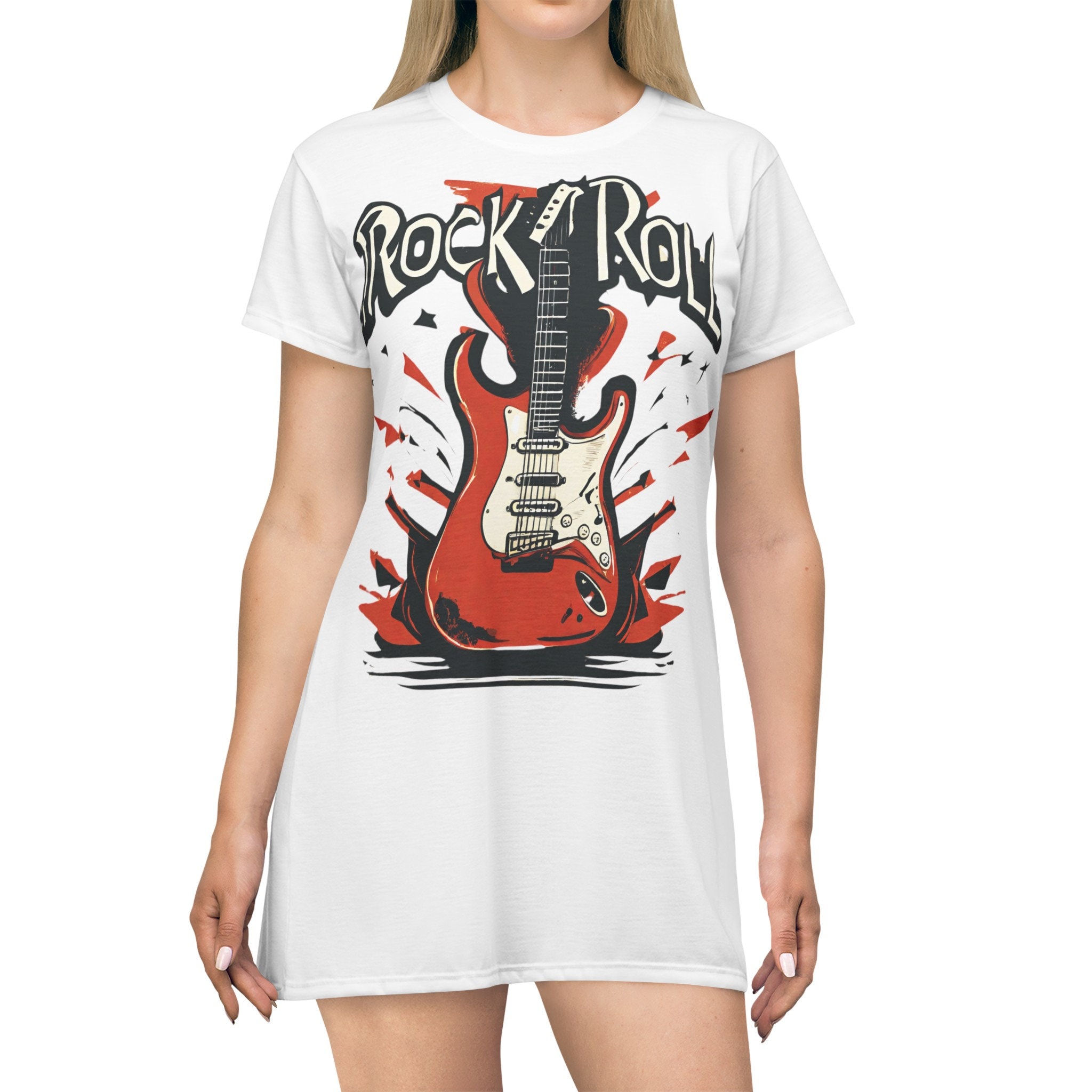 rock band shirt dress Vintage Rock and Roll T-Shirt Dress Retro Electric Guitar Graphic Apparel Classic Rock Concert Outfit Edgy Streetwear Music Gift for Her