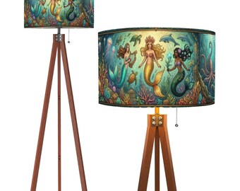 Tripod Floor Lamp mermeid, Mythical Ocean Shield Design,Sea Creature Tripod Lamp, Mermaid home decor lighting,Nautical panoramic lamp shade
