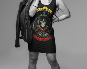 May include: Black and white photo of a person wearing a black sleeveless dress with a Guns N' Roses graphic print. The dress features a skull with a top hat, roses, and the text "Welcome to the Jungle".