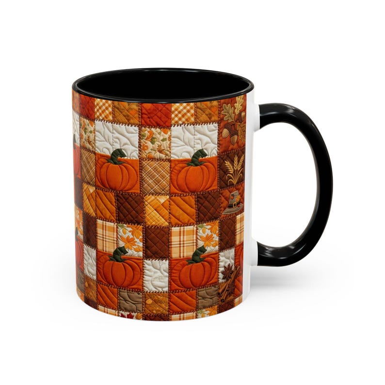 Pumpkin Patch Patchwork Mug, Accent Coffee Mug, Autumn Pumpkin Mug: Rustic Faux Patchwork Thanksgiving Coffee Cup afbeelding 7