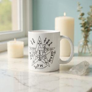 Vintage Tetragrammaton Protection Mug - Pentagram Solomon Seal Art - Esoteric Kabbalah Mystical Cup - Occult Ritual Magic Gift