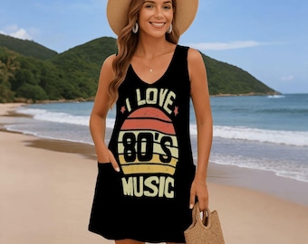 I Love 80s Music Dress with Pockets, Retro 1980s Graphic Summer Dress, Vintage Sunset Beach Cover Up, Casual Sleeveless Tank Dress for Women