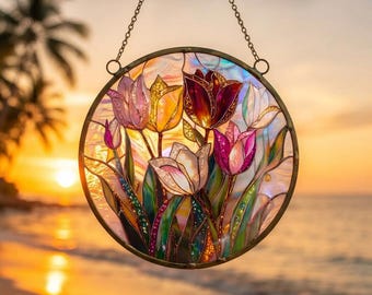 Stained Glass Suncatcher Window Hanging, Tulip flower stained glass, flower suncatcher for windos