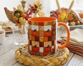 Pumpkin Patch Patchwork Mug, Accent Coffee Mug, Autumn Pumpkin Mug: Rustic Faux Patchwork Thanksgiving Coffee Cup