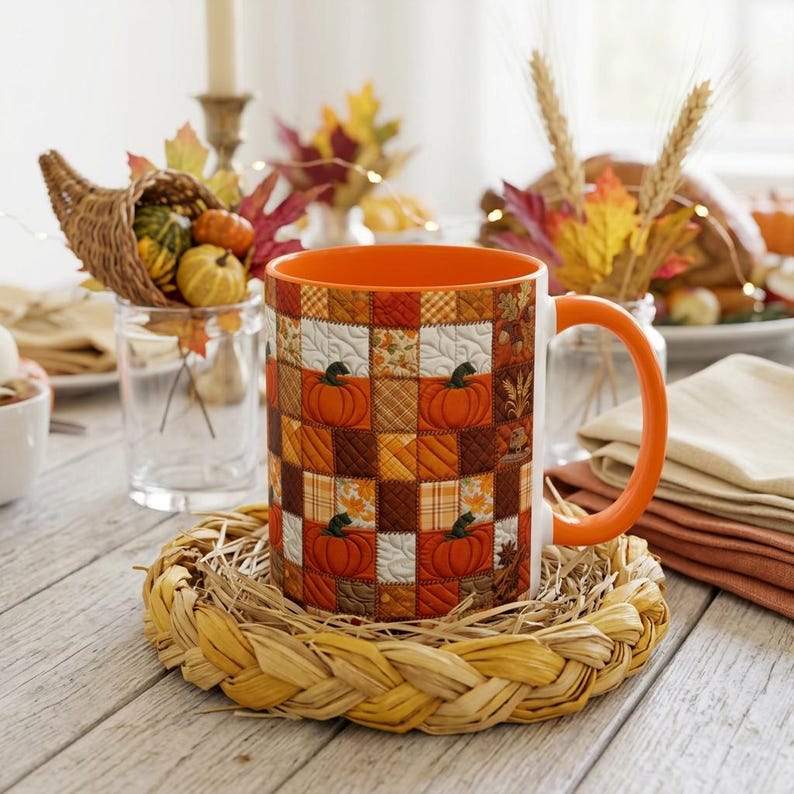 Op de afbeelding: Een keramische mok met een oranje handvat en binnenkant, voorzien van een herhalend patchwork quiltpatroon aan de buitenkant. Het ontwerp bevat vierkanten met oranje pompoenen, herfstbladeren, ruitpatronen en bruintinten op een witte achtergrond.