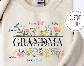 Personalized Grandma Sweatshirt with Grandchildren names gift for Grandma, Custom Grandma Butterfly Sweater, Nana Crewneck, Grandma Gift Tee