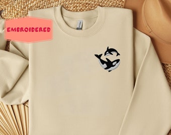 Sudadera con orcas bordadas, sudadera con orcas bordadas, camiseta con orcas, camisetas con orcas, camisetas con océano, camisetas con peces, regalos de biología marina