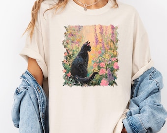 Monet Cat Shirt, Comfort Colors Black Cat Garden Tee, Monet Style Painting Shirt, Gift for Cat Mom or Cat Mama, Vintage Art Lover Top