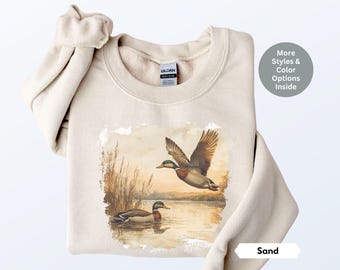 Retro Mallard Ducks Fall Pond Scene Sweatshirt, Nineties Vintage Waterfowl Duck Shirt, Boho 90s Nostalgia Crewneck Sweatshirt, Unisex sizing