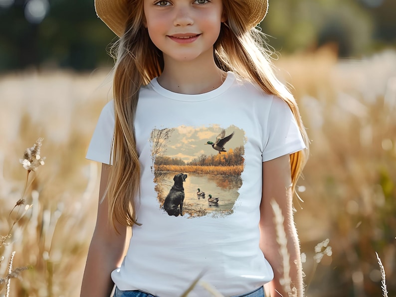 Retro duck hunting tshirt featuring a black lab and mallard ducks by a pond, printed outdoors scene for babies, kids, and adults, perfect for hunting families and dog lovers.