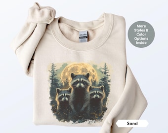 Three Raccoons Retro Graphic Sweatshirt, Nineties Vintage Raccoon Moon Tshirt, Boho 90s Nostalgia Crewneck, Raccoon Lover Unisex Graphic Tee