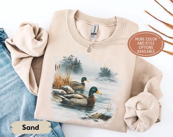 Retro Mallard Duck Sweatshirt, Vintage Lake Scene Shirt, Unisex Wildlife Tee, Rustic Waterfowl Gift for Nature Lover, Cozy Outdoors Crewneck