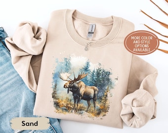 Retro Bull Moose Wilderness Scene Sweatshirt, 90s Wildlife Nature Shirt, Boho Unisex Crewneck Sweater, Cozy Fall Cabin Outfit, Nature Gift