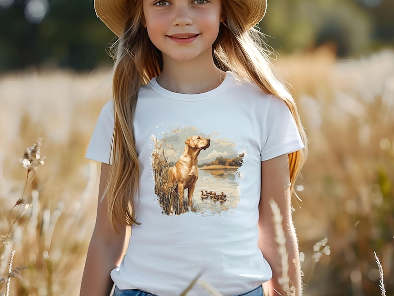 Retro duck hunting t-shirt featuring a yellow lab standing by a pond watching mallard ducks, printed design available in baby, toddler, youth, and adult sizes
