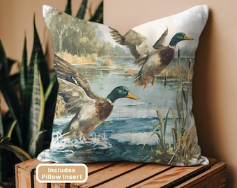 Cojín retro con forma de pato ánade real y relleno, cojín decorativo rústico para cabaña, cojín decorativo para casa de campo, cojín con escena de lago y vida silvestre.