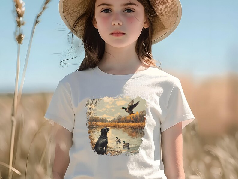 Retro duck hunting tshirt featuring a black lab and mallard ducks by a pond, printed outdoors scene for babies, kids, and adults, perfect for hunting families and dog lovers.