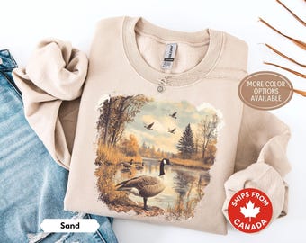 Sweat-shirt rétro scène d'automne avec oie, col rond nature des années 90 avec oiseaux aquatiques, tenue animalière confortable, pull unisexe bohème amateur d'oiseaux, cadeau nature
