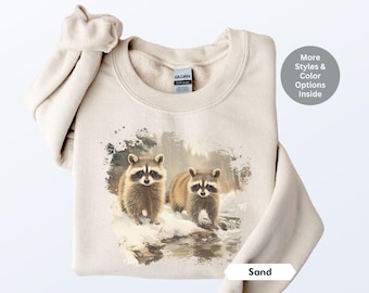 Retro Raccoon Wilderness Scene Sweatshirt, Nineties Vintage Raccoon Tee, Boho 90s Nostalgia Crewneck Sweatshirt, Raccoon Lover Gift, Unisex