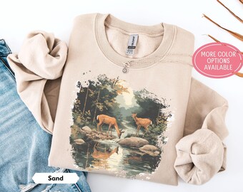 Retro Deer Sweatshirt, Woodland Reflection Crewneck, Distressed Fawn Nature Tee, Peaceful Forest Gift for Wildlife Lovers