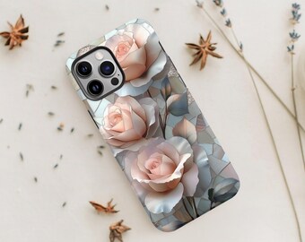 Stained Glass Rose Phone Case, Soft Blush Floral Mosaic Tough iPhone Cover, Faux Stained Glass, June Birth flower Gift for iPhone 15 16 Pro