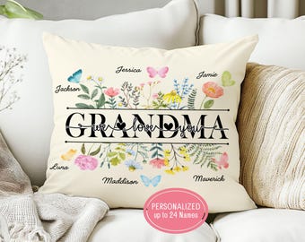 Personalized Grandma Throw Pillow with Grandchildren Names, Floral Butterfly Gift for Gigi, Mom, Custom Mother’s Day, Xmas, or Birthday Gift