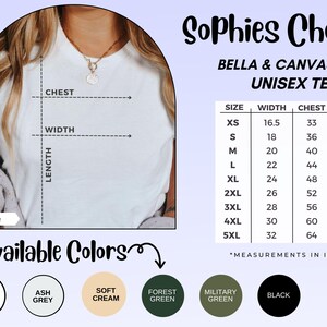 May include: White Bella & Canvas 3001 unisex tee with size chart. Available colors include white, ash grey, soft cream, forest green, military green, and black. Measurements are in inches.