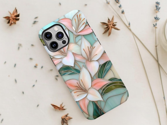 Stargazer Lily Stained Glass Phone Case, Teal Floral Mosaic Tough iPhone Cover, Faux Stained Glass, Flower Lover Gift for iPhone 16 15