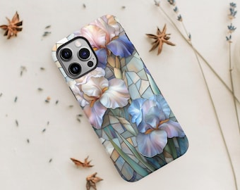 Stained Glass Iris Phone Case, Purple Floral Mosaic Tough iPhone Cover, Faux Stained Glass, Flower Lover Gift for iPhone 15 16 Pro Max