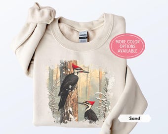 Retro Pileated Woodpecker Sweatshirt, Vintage Winter Scene Crewneck, Birding Wildlife Nature Outfit, Boho 90s Nostalgia Birdwatcher Gift
