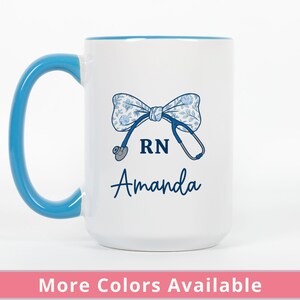 Personalized RN Nurse Mug, Custom Name Coffee Cup, Coquette Floral Bow Gift for Nurse Appreciation or Graduation, Cute Nursing Student Gift