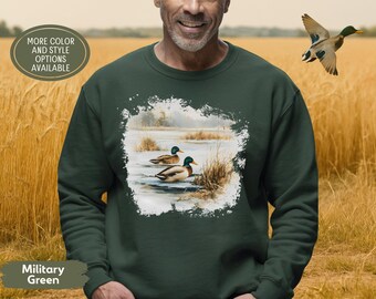 Retro Mallard Duck Sweatshirt for Men, Vintage Winter Hunting Shirt, Waterfowl Gift Idea, Rustic Lake Scene Tee, Unisex Outdoors Crewneck