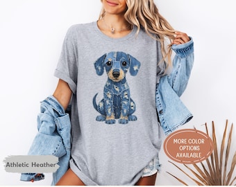 Dog Pattern Denim Shirt, Patchwork Art T-Shirt, Gift for Dog Mom, Retro Style Dog Tee, Cute Dachshund Shirt