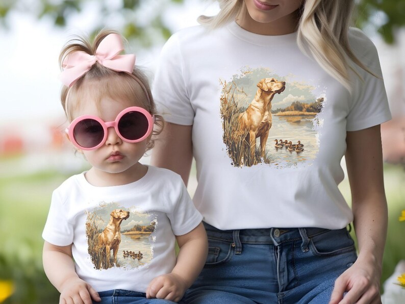 Retro duck hunting t-shirt featuring a yellow lab standing by a pond watching mallard ducks, printed design available in baby, toddler, youth, and adult sizes