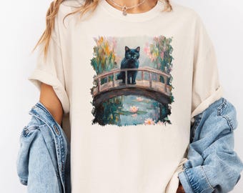 Monet Cat Shirt, Comfort Colors Black Cat Bridge Scene Tee, Monet Painting Shirt, Cat Lover Gift, Artistic Funny Cat Painting Tee