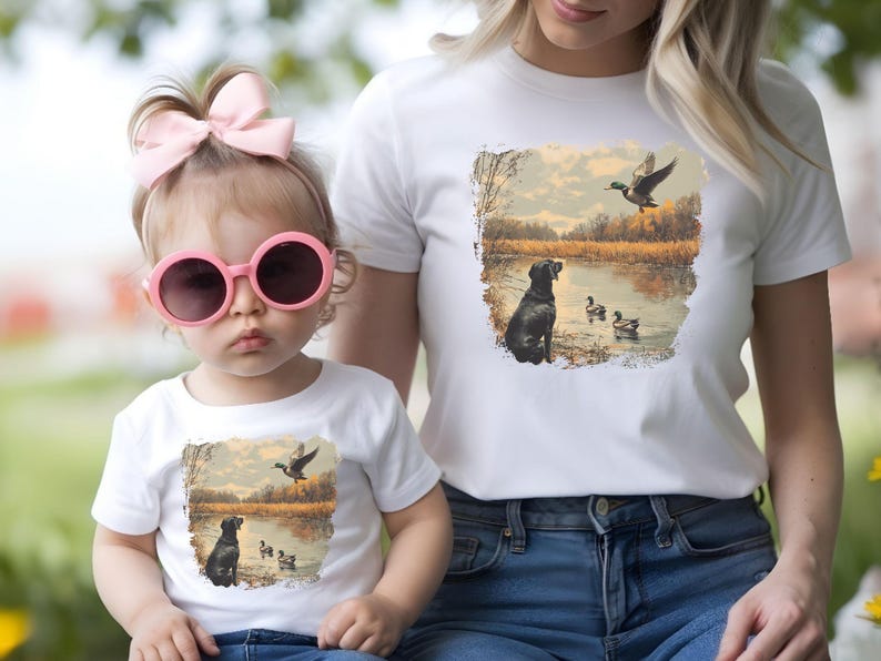 Retro duck hunting tshirt featuring a black lab and mallard ducks by a pond, printed outdoors scene for babies, kids, and adults, perfect for hunting families and dog lovers.