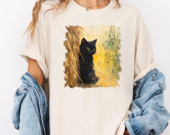 Monet Cat Shirt, Comfort Colors Black Cat Countryside Haystack Tee, Monet Painting Shirt, Gift for Cat Lover, Vintage Art Top