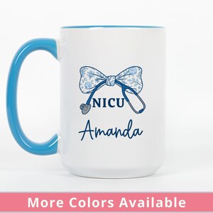 Personalized NICU Nurse Mug, Custom Name Coffee Cup, Coquette Floral Bow Gift for Nurse Appreciation or Graduation, Nursing Student Gift
