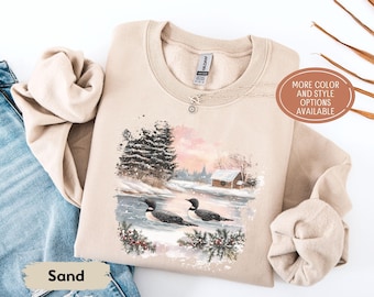 Retro Loon Winter Cabin Scene Sweatshirt, Nineties Vintage Loon Wildlife Shirt, Boho 90s Nostalgia Crewneck Sweatshirt, Unisex Graphic Tee