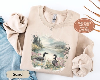 Retro Loon Spring Wildflower Scene Sweatshirt, Nineties Vintage Loon Wildlife Shirt, Boho 90s Nostalgia Crewneck Sweatshirt, Unisex Tee
